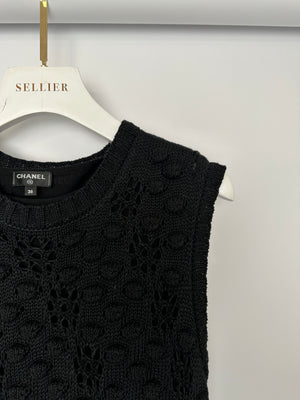 Chanel 17/P Black Crochet Mini Sleeveless Dress with CC Logo Button and Pocket Detail Size FR 36 (UK 8) RRP £2,880