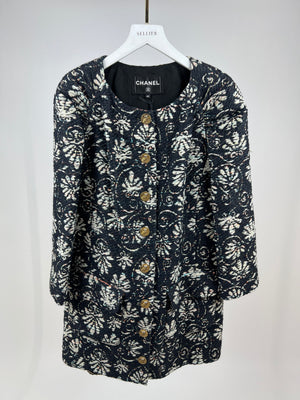 *HOT* Chanel 18C Navy Tweed Jacket with White Floral Embroideries and Crystal Bronze Buttons FR 42 (UK 14) RRP £4800