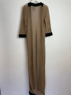 Chanel 03/P Brown Crochet Knitted Long Line Cardigan with Black Trim Detail Size FR 40 (UK 12)