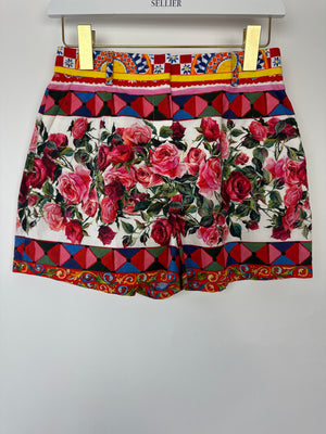 Dolce & Gabbana Red Rose Mambo Print Floral High-Waist Cotton Shorts Size IT 40 (UK 8)
