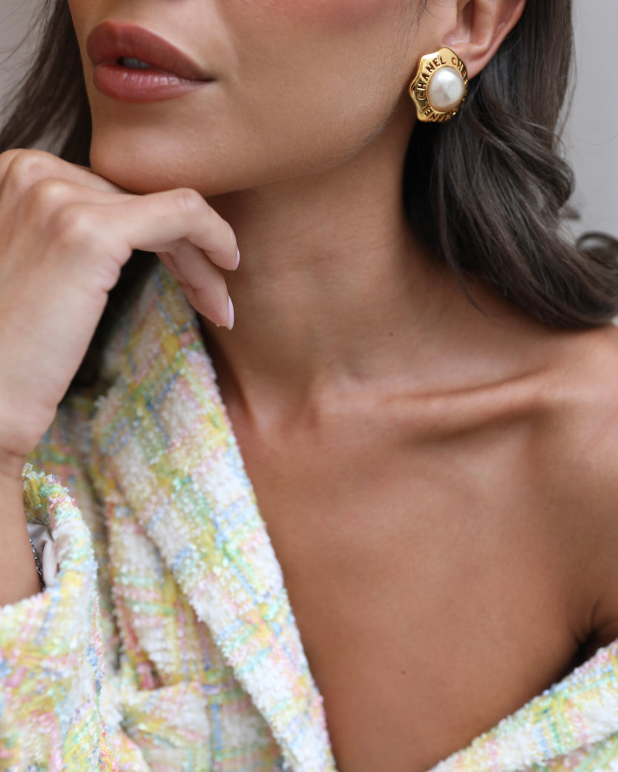Chanel Vintage Gold Perforated Logo Clip-On Earrings with White Pearl Detail