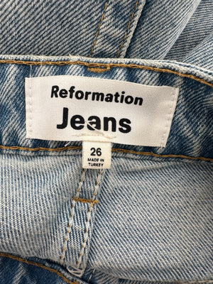 Reformation Light Blue Straight Fit Jeans with Distressed Pocket Detailing Size 24 (UK 6)