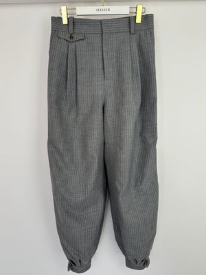 Loewe Grey Pinstripe Wool Balloon Trousers with Buttoned Ankle Cuffs Size FR 42 (UK 14)