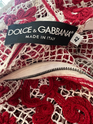 Dolce & Gabbana Red and White Crochet Long Sleeved Mini Dress Size IT 42 (UK 10)