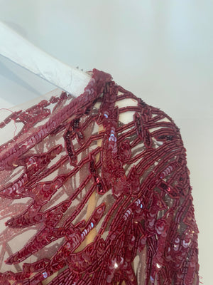 Zuhair Murad Burgundy Sequin Embellished Long-sleeve Midi Dress Size FR 34 (UK 6)