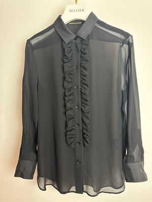 Saint Laurent Black Silk Long Sleeve Shirt with Ruffle Details Size FR 36 (UK 8)