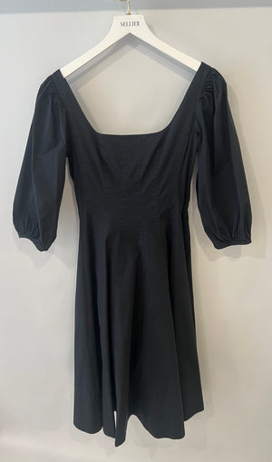 Staud Black Midi Dress with Square Neckline Detail and Puff Sleeves Size US 8 (UK 12)