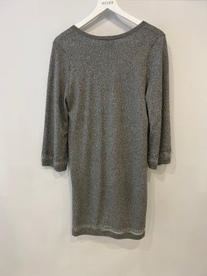 Chanel Grey Long-Sleeve Embellished Dress With CC Logo FR 36 (UK 8)