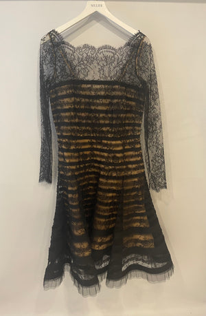 Oscar De La Renta Black and Nude Silk Lace Midi Dress With Bow Detail Size US 6 (UK 10)