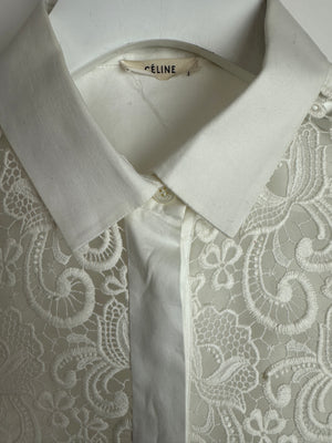 Celine White Cotton Poplin Long Sleeve Shirt with Macrame Front Detail Size FR 38 (UK 10)