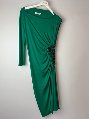 Zuhair Murad Green One-Sleeve Midi Dress with Crystal Embroidery Size IT 46 (UK 14)