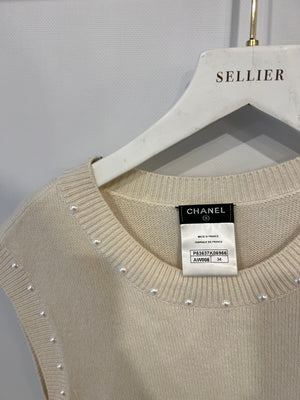 Chanel Cream Cashmere Sleeveless Mini Dress with Pearls and CC Logo Detail Size FR 34 (UK 6)