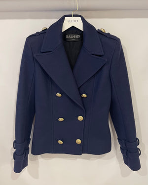 Balmain Navy Blazer Jacket with Gold Buttons and Shoulder Pads Size FR 36 (UK 8)