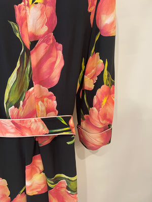 Dolce & Gabbana Black and Pink Floral Midi Dress with Belt Detail Size IT 42 (UK 10)