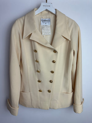 Chanel Vintage Cream Double Breasted Wool Blazer Jacket and Skirt Set with Gold CC Logo Button Detail FR 36 (UK 8)