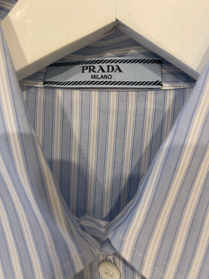 Prada White and Blue Striped Button Down Shirt with Logo Detail Size IT 38 (UK 6)