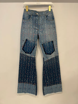 Chanel Métiers d'Art 2023 Denim Patchwork Jeans with Pink, Silver and Black Micro Sequin Details and Silver CC Logo Button Size FR 34 UK 6