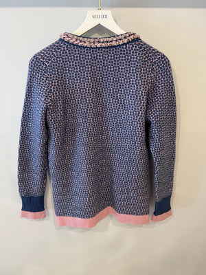 Chanel Blue and Pink Cashmere Knitted Cardigan with Braided Trim Detail Size FR 36 (UK 8)