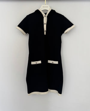 Chanel Black and White Short Sleeve Knitted Hoodie Dress with Crystal Buttons and Pocket Detail Size FR 34 (UK 6)