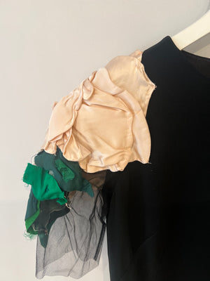 Dolce & Gabbana Black Mini Dress with Mesh Short Sleeves and Floral Shoulder Details Size IT 42 (UK 10)