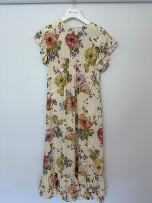 Zimmermann Beige Viscose Short-Sleeve Floral Midi Dress with Ruffle Details Size 0 (UK 8)