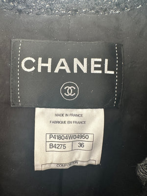 Chanel Black, Grey & White Tweed Double Breasted Jacket with Black CC Logo Buttons Size FR 36 (UK 8)