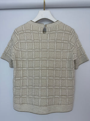 Gucci Cream and Gold Metallic Check Short Sleeve Jumper with Gold Button Logo Size S (UK 8)