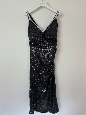 Dolce & Gabbana Exclusive Black Sequin Midi Dress with Embellished Strap Detail Size IT 48 (UK 16)