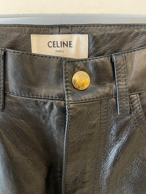 Celine Black Lulu Lambskin Leather Trousers with Gold Logo Button Detail Size 26 (UK 8) RRP £2,700
