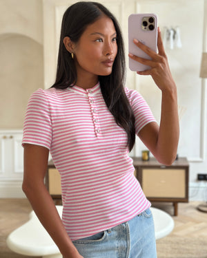 Chanel 24/C Pink and White Short Sleeve Striped Knit T-Shirt With Silver CC Logo Detail Size FR 38 (UK 10)