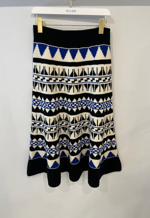 Polo Ralph Lauren White, Blue, and Black Wool and Cashmere Intarsia Knit Midi Skirt Size L (UK 12) RRP 495£