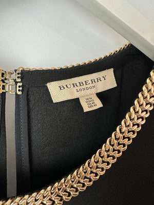 Burberry Black Mini Shift Dress With Gold Chain Neckline Detail Size UK 14