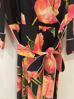 Dolce & Gabbana Black and Pink Floral Midi Dress with Belt Detail Size IT 42 (UK 10)