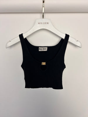 Miu Miu Black Cropped RIbbed Tank Top with Keyhole and Gold Logo Detail Size IT36 (UK 4)