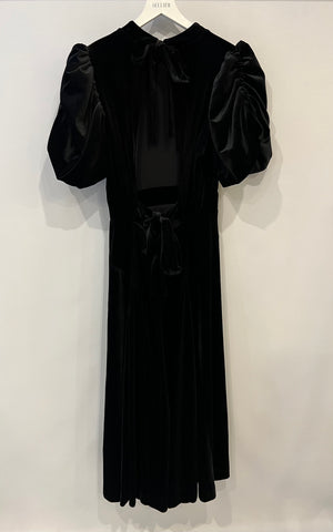 Rotate Black Velours Midi Dress with Puffy Sleeves and Open Back Detail Size FR 42 (UK 14) RRP £500