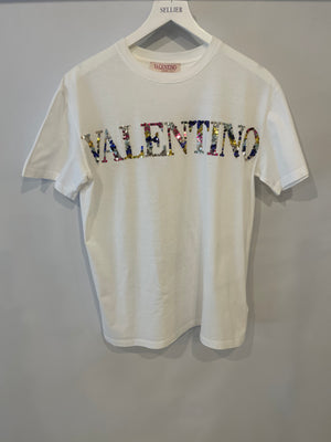 Valentino White T-Shirt with Multicolour Sequin Logo Size XS (UK 6)