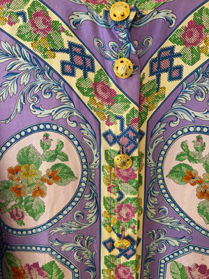 Gianni Versace Couture 90's Purple and Multicolour Silk Floral Lace Baroque Shirt with Gold Buttons Size IT 44 (UK 12)
