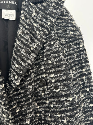 Chanel Black, Grey & White Tweed Double Breasted Jacket with Black CC Logo Buttons Size FR 36 (UK 8)
