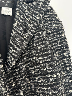 Chanel Black, Grey & White Tweed Double Breasted Jacket with Black CC Logo Buttons Size FR 36 (UK 8)