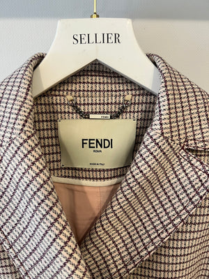 Fendi Red and Pink Micro Houndstooth Belted Jacket with Brown Tortoise Shell Logo Buttons Size IT 38 (UK 6)