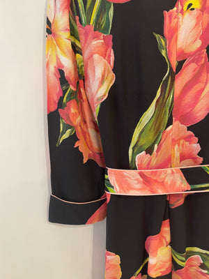 Dolce & Gabbana Black and Pink Floral Midi Dress with Belt Detail Size IT 42 (UK 10)