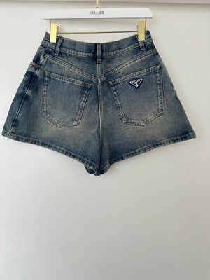 Prada Blue Denim Shorts with Logo Plaque Detail Size IT 40 (UK 8)