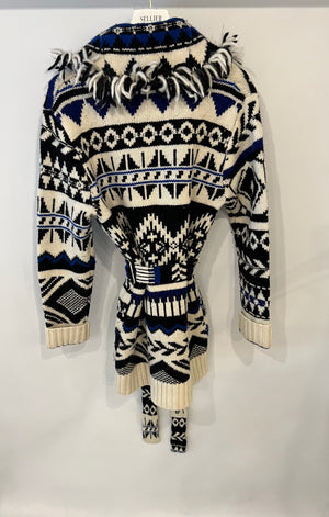Polo Ralph Lauren White, Blue, and Black Wool-Blend Belted Cardigan with Fringe Trim Detail Size M (UK 10) RRP £795