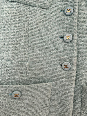 Chanel Tiffany Blue Tweed Jacket with Blue and Gold CC Button Details Size FR 40 (UK 12)