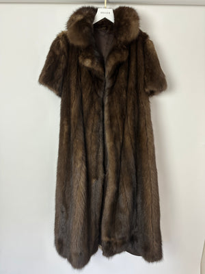 Brown Sable Real Fur Long Coat with Half Sleeve Detail Size UK 10-12