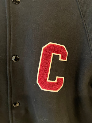 Celine Black College Jacket with Burgundy Striped Collar and Celine Paris Embroidery Detail Size S (UK 8)