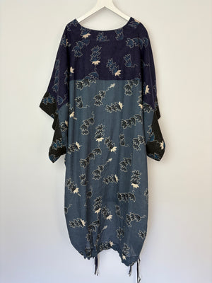 Loewe Navy Oversized Linen Kaftan Dress Dress with Floral Print and Drawstring Detail Size S (UK 8)