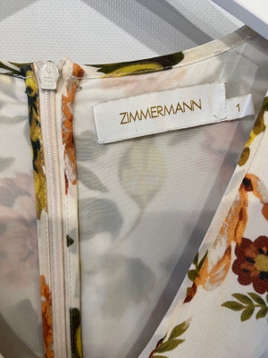 Zimmermann White, Orange, Green Floral Printed Silk Midi Dress Size 1 (UK 10)