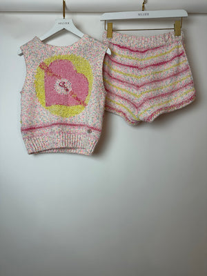 Chanel 24C Resort Pastel Pink & Yellow Sleeveless Knit Jumper and Shorts Set with Cupid Heart "Coco" Detail Top Size FR 34 (UK 6)