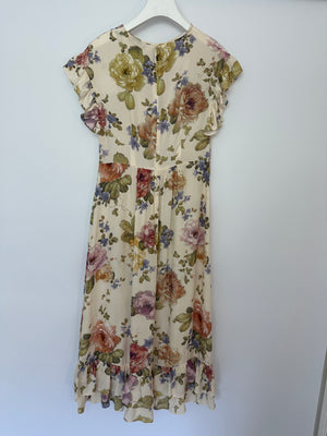 Zimmermann Beige Viscose Short-Sleeve Floral Midi Dress with Ruffle Details Size 0 (UK 8)